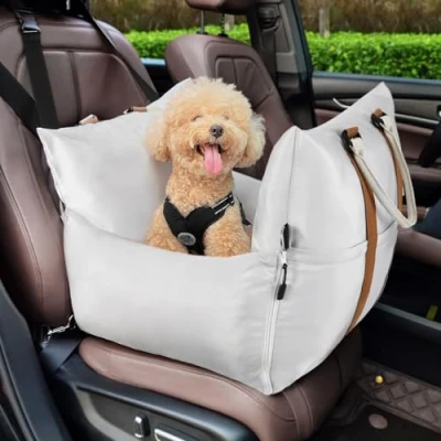 Imagen de Pawaboo Asiento de Coche para Perros Pequeños, Cama Perro Impermeable Lavable con Asas y Cinturón Seguridad, Transportín Cachorros Gatos hasta 11 kg, 54x56x54cm, Gris Claro