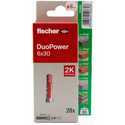 Imagen de fischer Duopower 6x30 28U, Tacos para pared multimaterial, sirven Colgar Bicicletas, Cuadros, Armarios, Soportes de Televisión, Estanterías, Muebles.