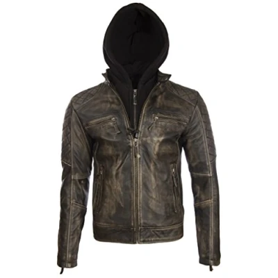 Imagen de Aviatrix Hombres Cuero Real Aspecto Vintage Chaqueta De Moto Moda con Capucha Desmontable (2JB2)