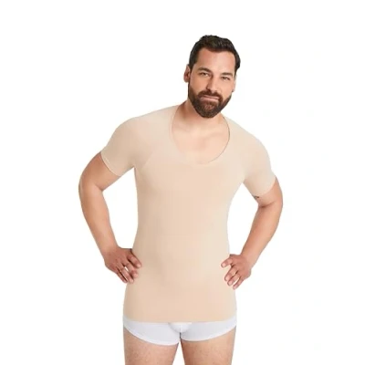 Imagen de FINN Camiseta de compresión sin costuras para hombre con efecto barriga, manga corta moldeadora costuras, moldeador cuerpo fuerte un vientre más plano, color carne, L