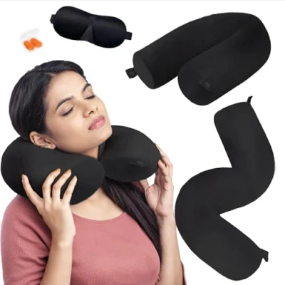 Imagen de Almohada Cervical Viaje, Descanso, Ajustable Cojin Avion Cuello, Multi Puede Doblarse Viaje con Cremallera para Coche, Tren, Cama, Oficina, Máscara de Ojos (Negro)