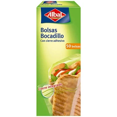 Imagen de Albal Bolsas para bocadillo, cierre adhesivo, capacidad máx. 1L, 50 unidades, 19 x 21,5 cm