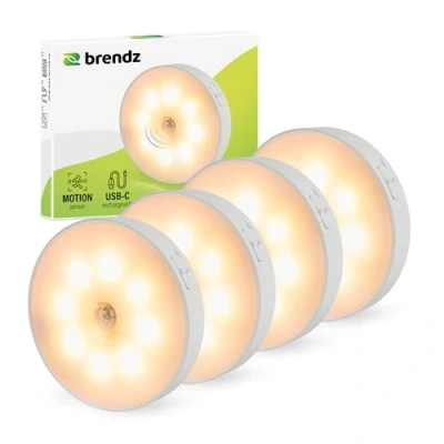 Imagen de Brendz Luz LED con Sensor de Movimiento Redonda, LED, Recargable por USB C, Magnética, 4 piezas, Blanco Cálido 3000K, Armario inalámbrico, Lampara