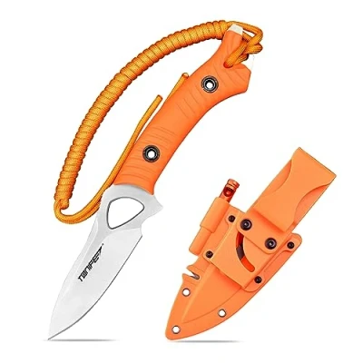 Imagen de TONIFE Explorer Cuchillo de Hoja Fija con Funda 8Cr14MoV Blade Multifuncional Supervivencia, Fibra Vidrio Reforzada Mango Nylon para EDC Cuchillo(Naranja+Satín)