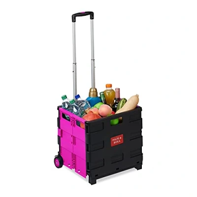 Imagen de Relaxdays Carrito Compra Plegable, Asa Telescópica, 2 Ruedas, Caja Transporte, hasta 35 kg, Plástico y Aluminio, Rosa, Einkaufstrolley klappbar