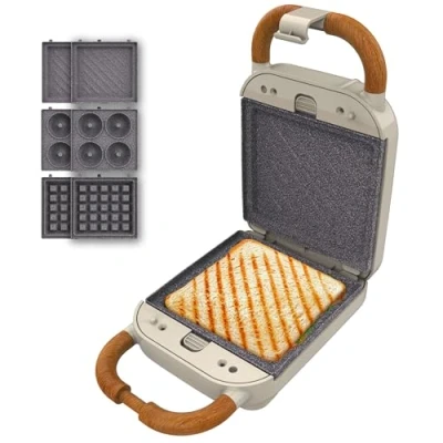 Imagen de Cecotec Sandwichera Rock&#039;Ntoast Retro One Beige. Tres Placas Intercambiables, Diseño Retro, Revestimiento Rockstone, 700W, Indicador Luminoso, Base Antideslizante, Asa de Tacto Frío, Pinza Cierre