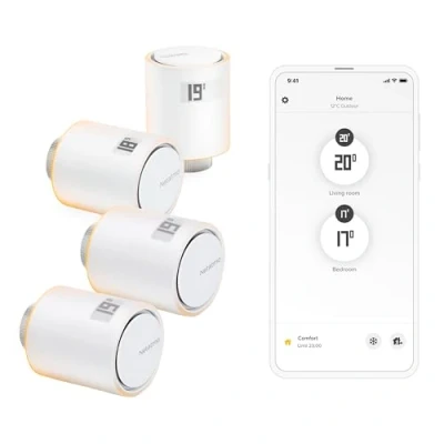 Imagen de Netatmo Paquete de 4 Cabezales termostáticos conectados e Inteligentes, Accesorio para termostato Conectado Inteligente, válvulas termostáticas radiadores, NBU NAV EU
