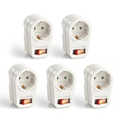 Imagen de Adaptador de Enchufe con Interruptor Encendido/Apagado, 1x Schuko, 16A / 250V AC, 3680 vatios, Blanco, Juego 5