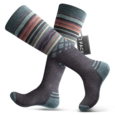Imagen de OutdoorMaster 2 Pares Calcetines de Esquí Lana Merino Unisex para Hombre &amp; Mujer, Transpirables Invierno Snowboard y Deportes al Aire Libre con Diseño OTC/puño Antideslizante