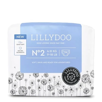 Imagen de Pañales LILLYDOO delicados con la piel talla 2 (4 8 kg), 34 unidades, protección contra fugas, suaves, sin perfumes, lociones ni colorantes y dermatológicamente probados