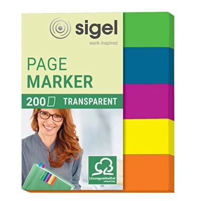 Imagen de SIGEL HN615 Marcapáginas adhesivos, cinta de filme transparente, funda 200 tiras 50 x 12 mm, 5 colores
