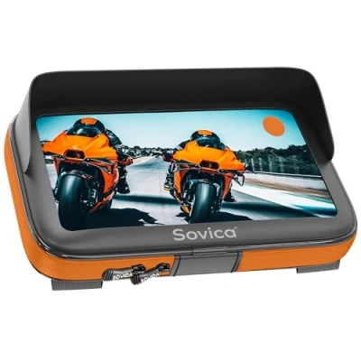 Imagen de Soporte movil Moto Bicicleta Impermeable Funda con Visera Valida para Smartphones de hasta 7.6&quot; Compatible Todo Tipo manillares Maxima Seguridad antivibracion (Naranja)