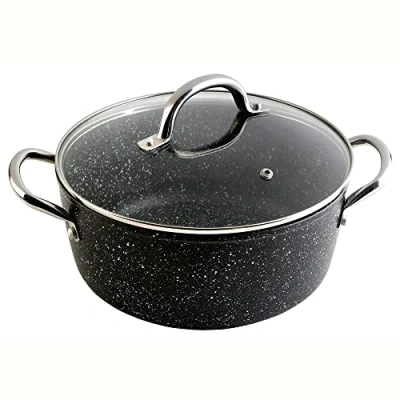 Imagen de WECOOK! Granite Cazuela Alta Inducción Completa 28cm Tapa Vidrio, Aluminio Forjado 6,7 Litros, Antiadherente Ecológico Piedra sin PFOA, Asas Acero, Apta Todas Cocinas, Vitrocerámica, Gas, Horno