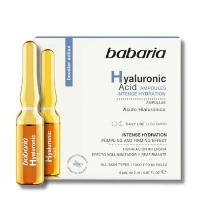 Imagen de Babaria Ampollas Faciales con Ácido Hialurónico, Hidratación Intensiva Efecto Relleno, Vegano 5 Unidades de 2 ml