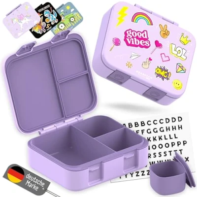 Imagen de BEARFOOT Bento Box Compact fiambrera infantil sin BPA para la escuela y guardería, a prueba de fugas niñas niños, práctica, ligera compacta (adhesivo lila, 1000 ml)