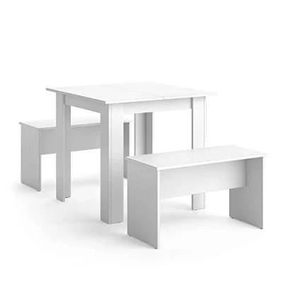 Imagen de Vicco Set de Mesa Comedor Sentio, Blanco, 80 x cm con 2 Bancos