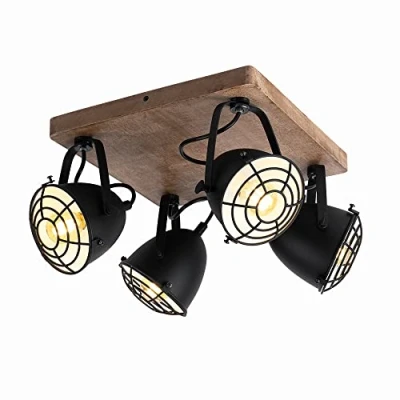 Imagen de Eglo lámpara de techo Gatebeck, 4 luces estilo vintage, industrial, retro, foco acero negro y madera natural, dormitorio, bombilla E14