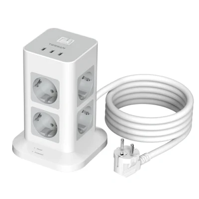Imagen de TESSAN 11 en 1 Regletas Enchufes Proteccion Sobretension 1700J, 8 Tomas Torre Vertical con 3 USB C, Alargador Enchufe 2M, Interruptor para Casa, Oficina, 3600W