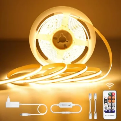 Imagen de Tira LED COB Blanco Calido 5M, Luces Regulable 24v 3000K, Luz Adhesiva Impermeable IP44, Habitacion con Mando y Adaptador, Strip para Cocina, TV, Interior, Dormitorio