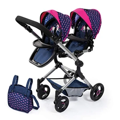 Imagen de Bayer Design 26254AA Cochecito de Muñeca Gemelas, Carrito Paseo para muñecos, Ajustable en Altura, Plegable, con la Bolsa Bandoler, Azul Unicornio y Corazones