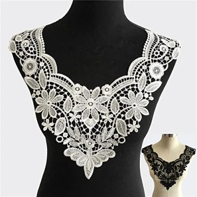 Imagen de Yulakes 2 piezas bordado escote encaje cuello inserto collar decoración apliques parche trim para vestido DIY hecho a mano blanco