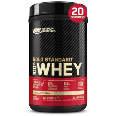 Imagen de Optimum Nutrition Gold Standard 100% Whey, Proteína en Polvo para Recuperacíon y Desarrollo Muscular con Glutamina Natural Aminoácidos BCAA, Sabor Helado de Vainilla, 20 Dosis, 600g