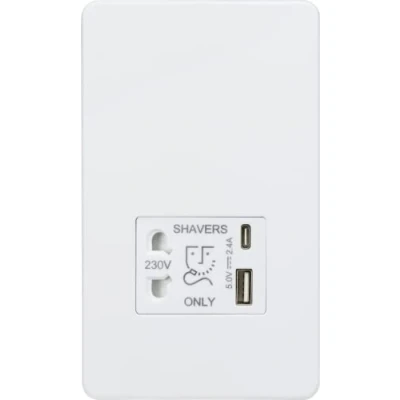 Imagen de Knightsbridge Toma de afeitar sin tornillos con doble USB A+C (5V DC 2.4A compartido) blanco mate