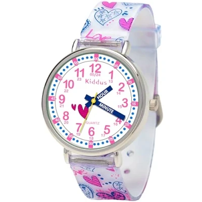 Imagen de Kiddus Reloj Educativo para niña, Chica, Chico. de Pulsera, analógico. Time Teacher fácil Leer Aprender la Hora. Ejercicios incluídos. Hearts, Handles in English