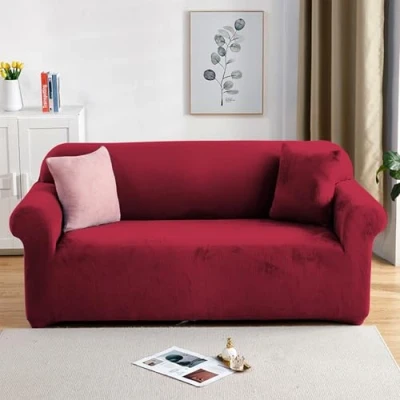 Imagen de PETCUTE Fundas para sofá elásticas Cubre Sofa de Terciopelo 2 plazas Grueso Vino Rojo