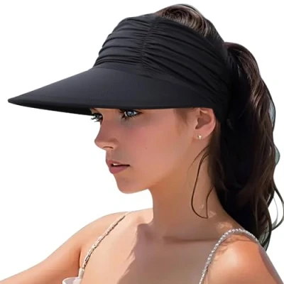 Imagen de DRESHOW Mujer Sol Sombrero Al aire Libre UV Protección Plegable Ala Ancha Pesca Ponytail Playa Bucket Sombreros