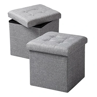 Imagen de WOLTU Juego de 2 Taburetes con Almacenamiento Plegable, Asiento Lino Acolchado, Tapa Extraíble 37.5x37.5x38CM (LxWxH) Gris Claro SH06hgr