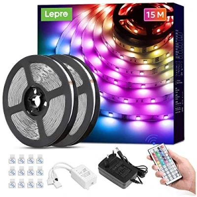 Imagen de Lepro Tira Luz RGB 15M, LED 5050 SMD, Tiras Luces con Función de Memoria, Voltaje Entrada 12V, Ángulo Haz 120, Fuente Alimentación y Controlador Incluidos