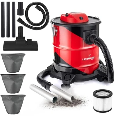 Imagen de LEHMANN Haddo Aspirador Industrial sin Bolsa 2000W de Cenizas para Chimenea con Doble Filtro HEPA Depósito Acero Inoxidable 20L Función Soplado Rojo y Negro