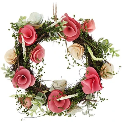 Imagen de com four® Corona de Puerta Primavera con Flores Madera Mesa Decorativa decoración Colgador Diámetro Aprox. 30 cm