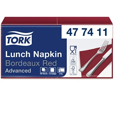 Imagen de Tork 477411 Lunch Soft/Servilletas suaves para almuerzo / 10 paquetes x 150 unidades (1500 unidades) pliegue 1/4 color burdeos 3 capas 33 32,6 cm/Advanced