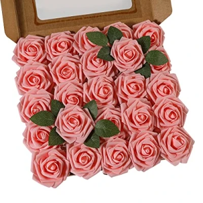 Imagen de Ruiuzioong Rosa Artificial Flor 25PCS Falsa Espuma Mirada Real con Hoja y Vástago Ajustable para Bricolaje Ramos de Boda Decoraciones el Hogar Nupciales (Rosa, 25pcs)