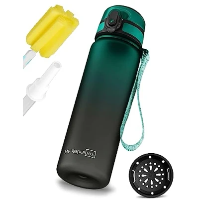 Imagen de My Vesperbox Minny Botella para niños a prueba de fugas, 350 ml, 500 750 con pajita o colador, sin BPA, guardería, escuela (verde, negro ml)