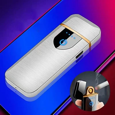 Imagen de Deluisho Gas Mecheros, Encendedor Electrónico, Mechero de Arco, Carga USB/Resistente al Viento/Encendedor Táctil Duradero, Cigarrillos Bolsillo (Plateado)