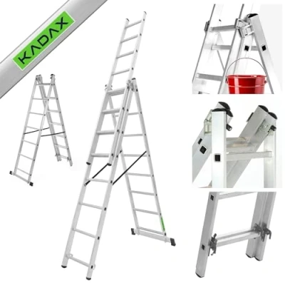 Imagen de KADAX escalera multifunción de aluminio, multiusos hasta 150 kg, multifunción, combinada, pie con ganchos, deslizante (7 peldaños)
