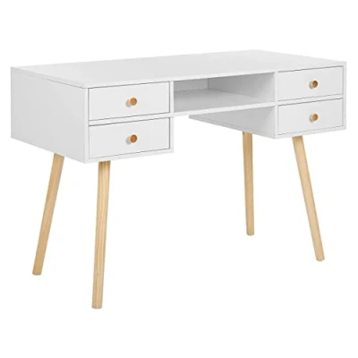 Imagen de Beliani Escritorio de Oficina en casa Blanco 4 cajones Almacenamiento 110 x 55 cm Patas Madera Maciza Clara Estilo escandinavo Levin