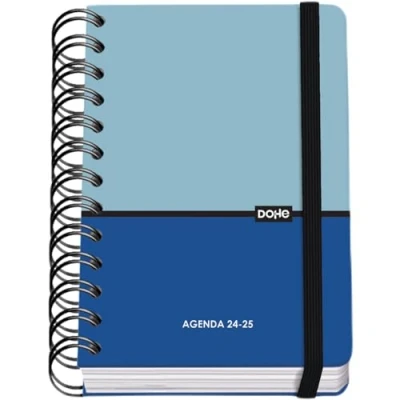 Imagen de Dohe Agenda Escolar 2024 2025 Día por Página, Tamaño A6 (12x17 cm), Cierre Anillas y Goma, Español e Inglés, 4 Páginas de Pegatinas, Septiembre a Junio, Material DUO Azul