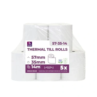 Imagen de Rollos papel térmico 57x35x12 mm para todos los TPV y las impresora térmica Rollo 57mm ideal máquinas de tarjetas Crédito (5 unidades)