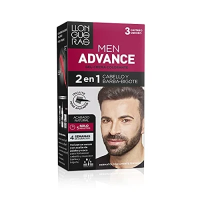 Imagen de Llongueras Men Advance, Gel Crema Colorante 2 en 1, para Cabello y Barba Bigote, con Aceite de Jojoba, Coloración Masculina, Nutre e Hidrata, Acabado Natural 5 Minutos, Tono 3, Castaño Oscuro