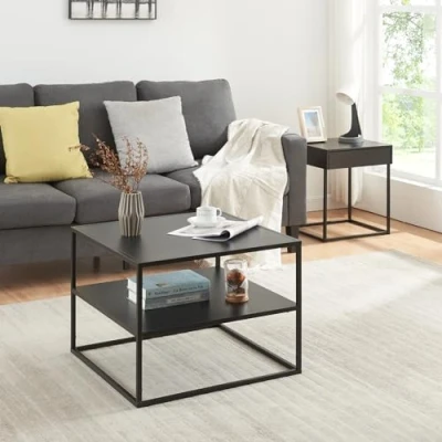 Imagen de [en.casa] Mesa de Centro Cuadrada con 1 Estante Diseño Industrial Baja para Salón Sala Espera Oficina Limpieza Fácil Acero 60 x 45cm Negro Mate