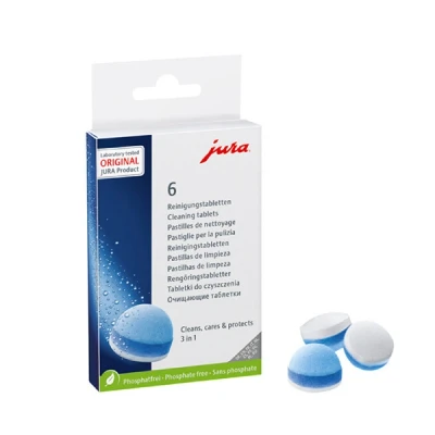 Imagen de Pastillas de limpieza Jura 24225, 3 En 1, Pack 6 pastillas, Compatibles con cafeteras Jura, Blanco/Azul