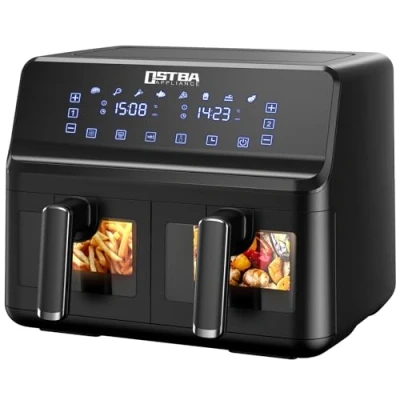 Imagen de Freidora de Aire Dual Zone con Ventana Visualización, 8 L(4L + 4L) Sin Aceite Programas, Pantalla LED Táctil, Temporizador, Cestas Antiadherente, 1700W, Negro