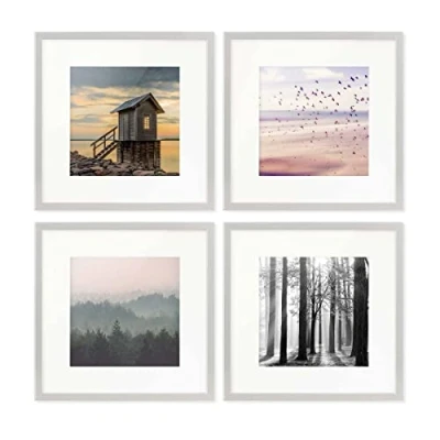 Imagen de PHOTOLINI marcos 30x30 cm plata madera MDF, set de 4 para pósteres con paspartú 20x20 cm, cristal acrílico, colgar y poner pie, incluye accesorios fotos, láminas