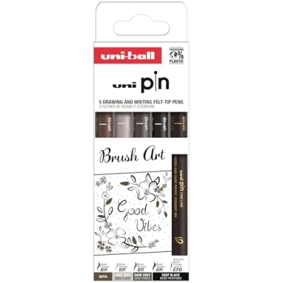 Imagen de Uni Ball Estuche PIN de 5 piezas marcadores calibrados 0,1 a 0,5 mm color negro, gris y sepia SET BRUSH ART