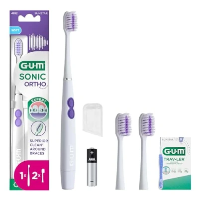 Imagen de GUM SONIC ORTHO Cepillo de dientes eléctrico sónico con pilas Diseñado para brackets Suave y encías X1 cepillo, X2 cabezales repuesto, pila AAA, muestra adicional Blanco