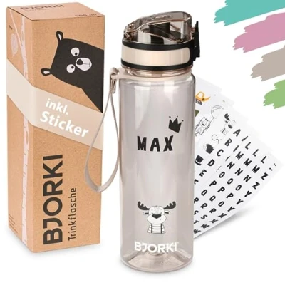 Imagen de BJORKI® botella para niños a prueba de fugas, 500 ml, incluye pegatina el nombre, ideal la escuela, guardería y deporte, apta ácido carbónico, robusta agua